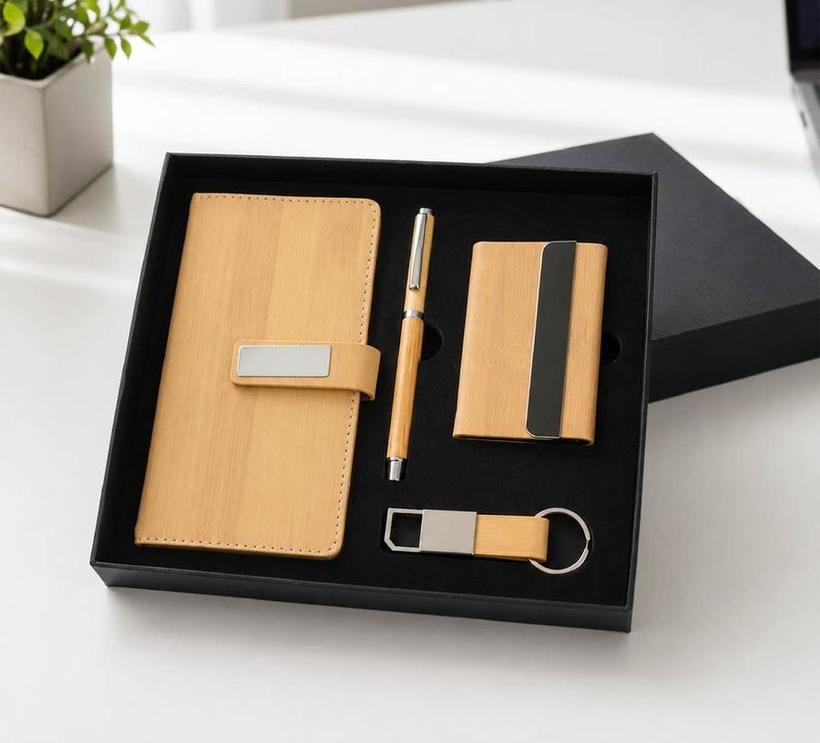 4-in-1 Bamboo Notebook & Card Holder Set