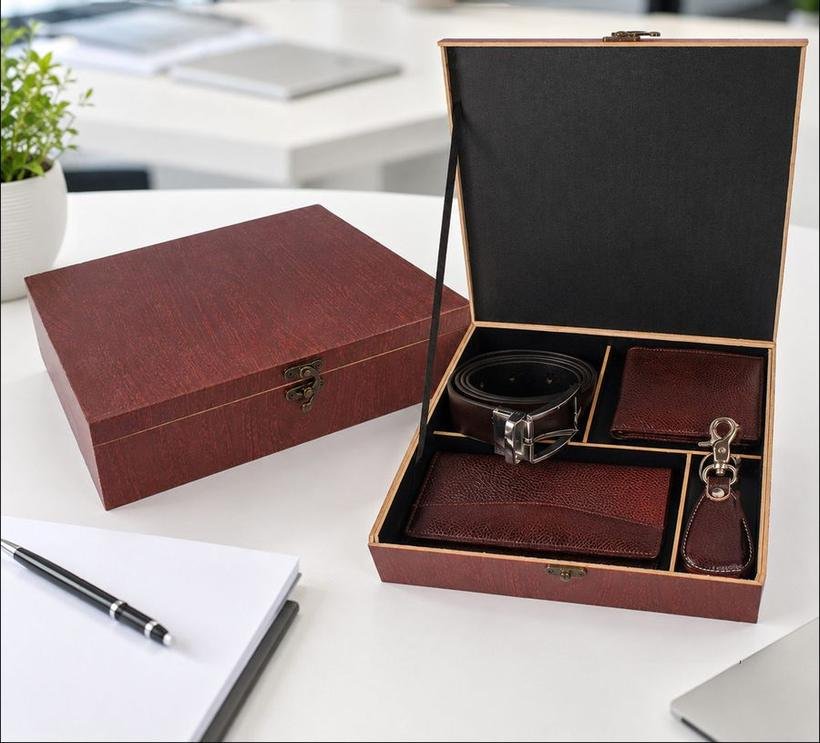 4-in-1 Leather Gift Set in Wooden Box