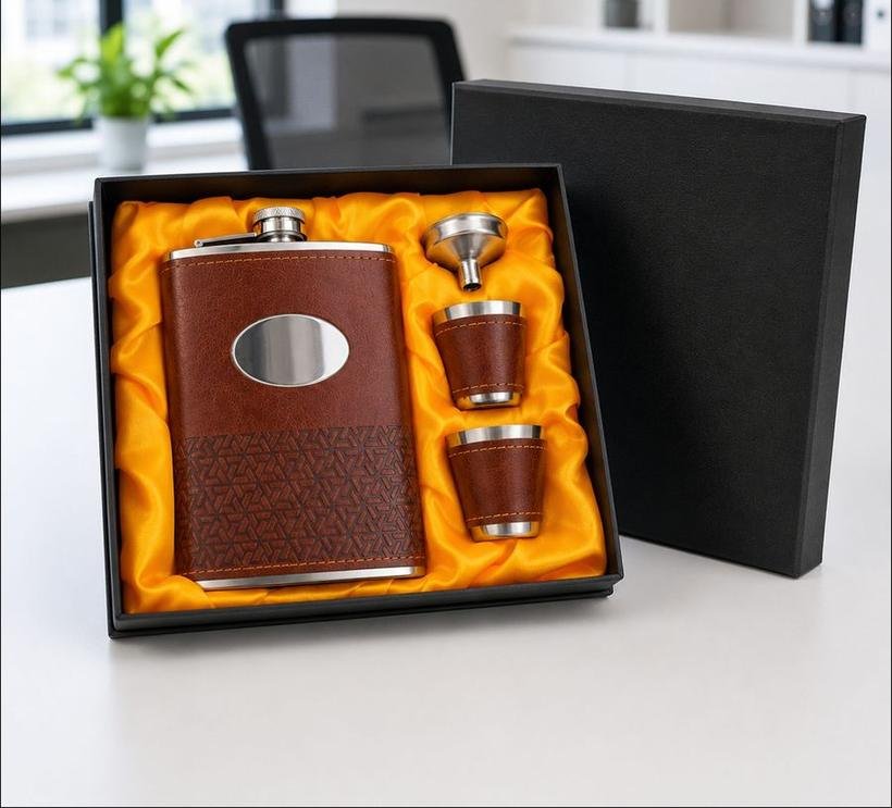Leather Hip Flask Gift Set